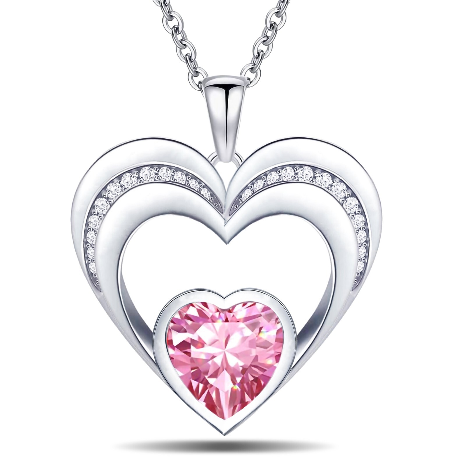 Women Necklace 14K White Gold Plated 5A CZ Double Heart Pendant Necklace