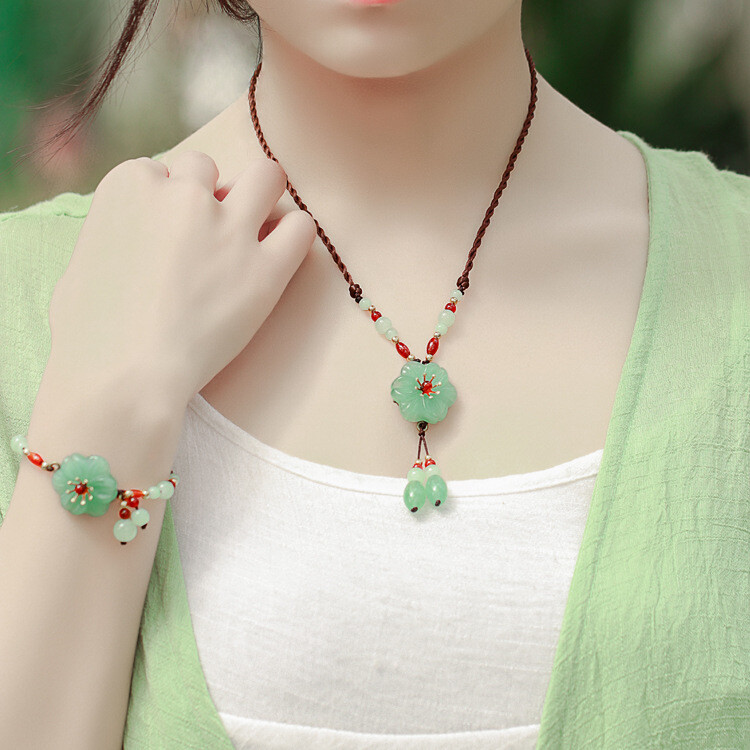 Green Jade Flower Pendant Natural Necklace Gemstone 925 Silver Chalcedony women