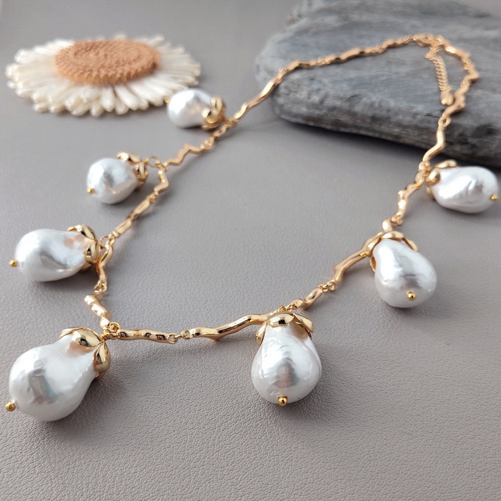 Gold Plated White Sea Shell Pearl Chain Link Necklace Jewelry Gifts Wholesale