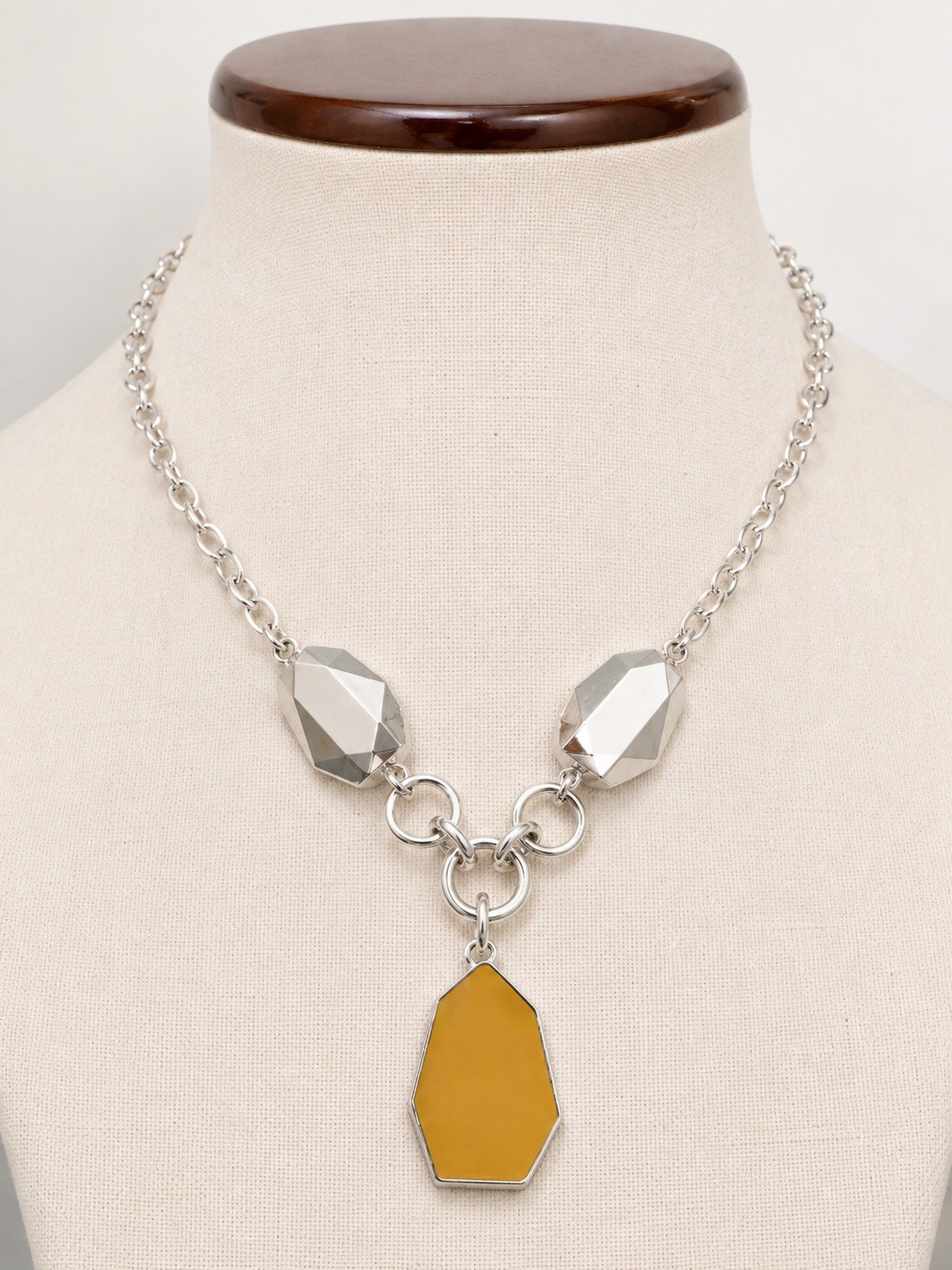 Silver Tone Geometric Yellow Pendant Necklace Modern Statement Adjustable Cable