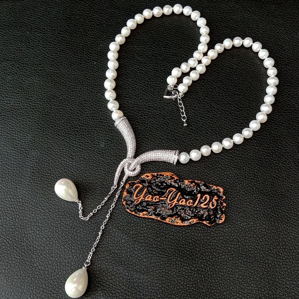 Cultured White Pearl Necklace White Sea Shell Pearl cz pave Pendant 20″