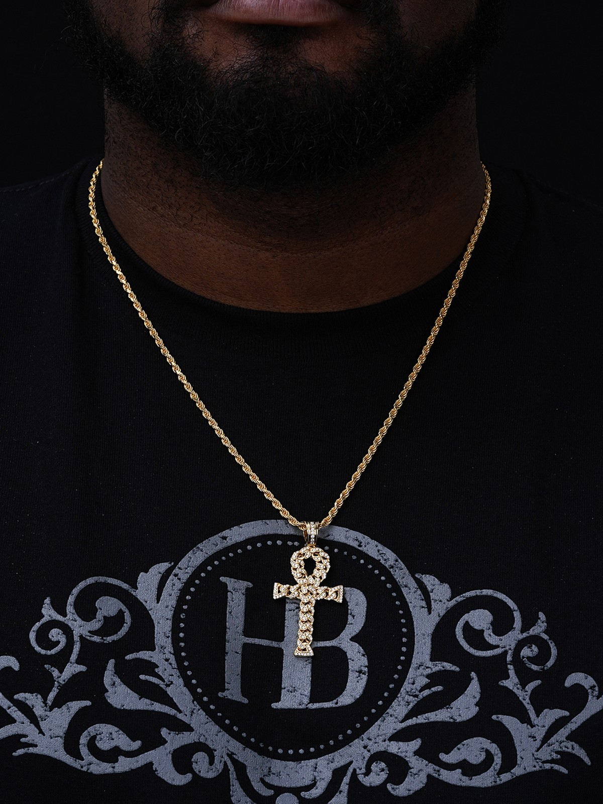 Ankh Cuban Link Cross 14k Gold Plated Solid 925 Sterling Silver Pendant 1ct CZ