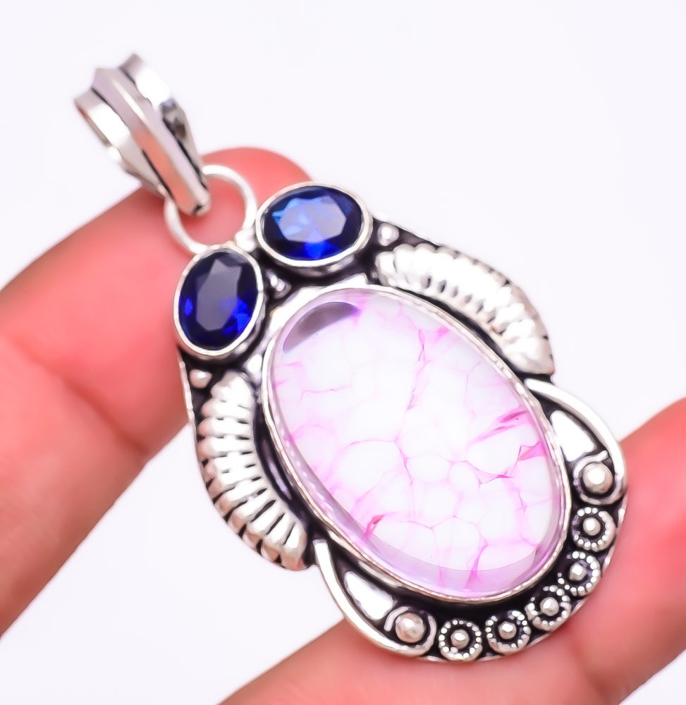Pink Crack Crystal & Sapphire (Lab-Created) 925 Silver Plated Pendant 2.2″ F76