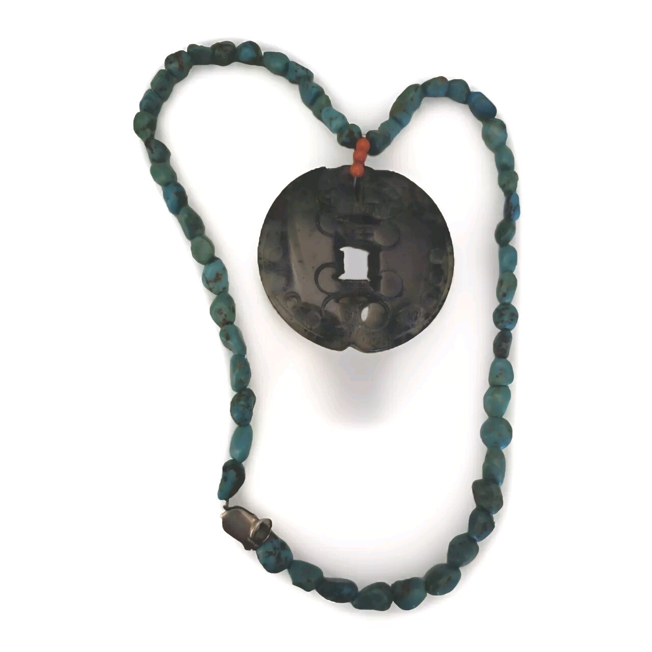 Moon Phase Stone Necklace, Carnelian Turquoise 18″ Beaded Chain, 2″ Coin Pendant