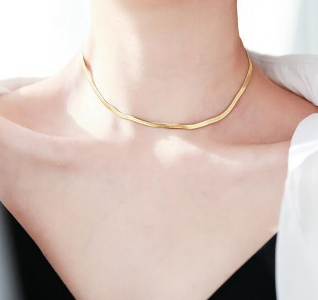 Titanium Stainless Steel Gold Flat Herringbone Chain Choker Necklace 13-16.5″