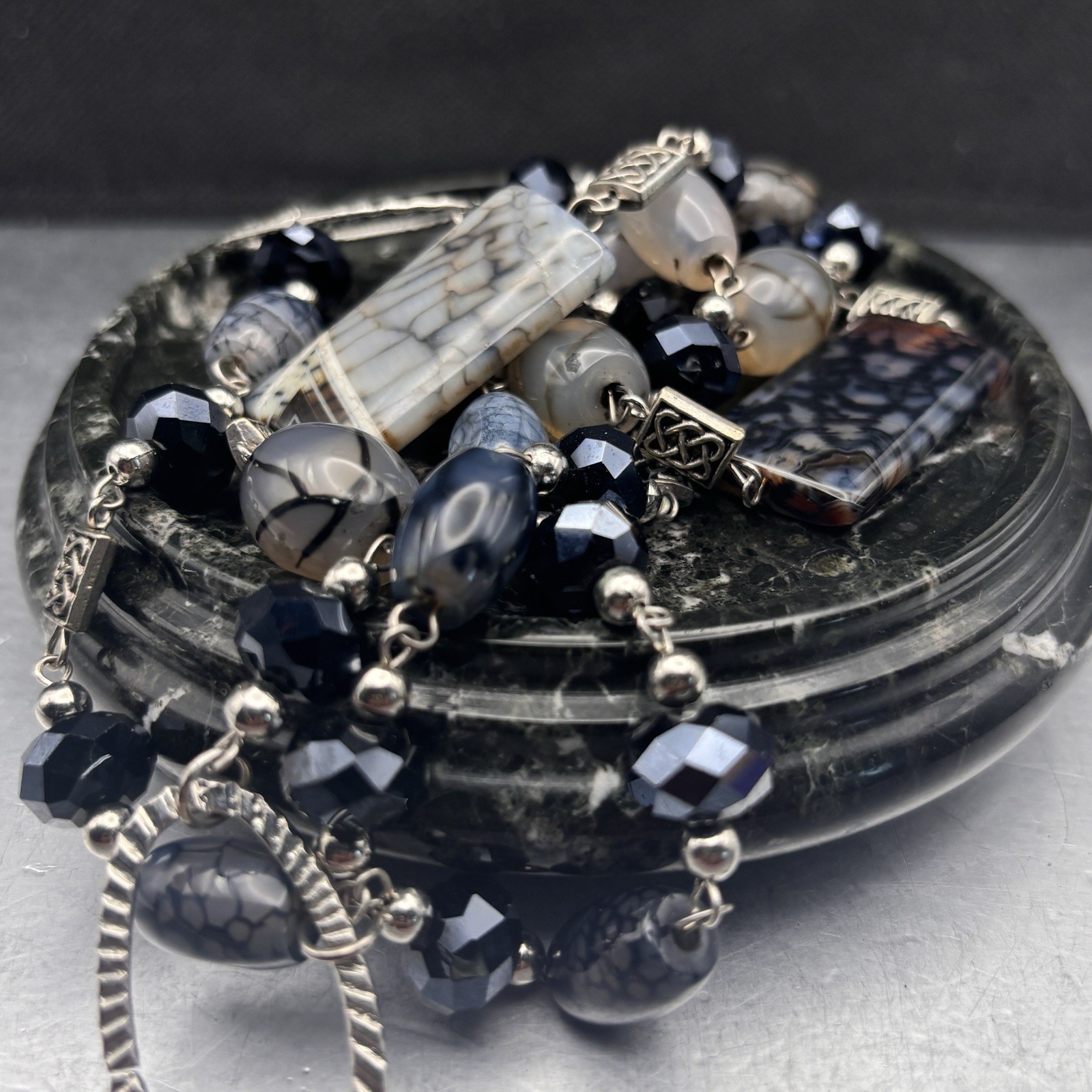 Vintage Boho Long Silver Chain Necklace Mixed Grey Black Agate Stone Beads 32”