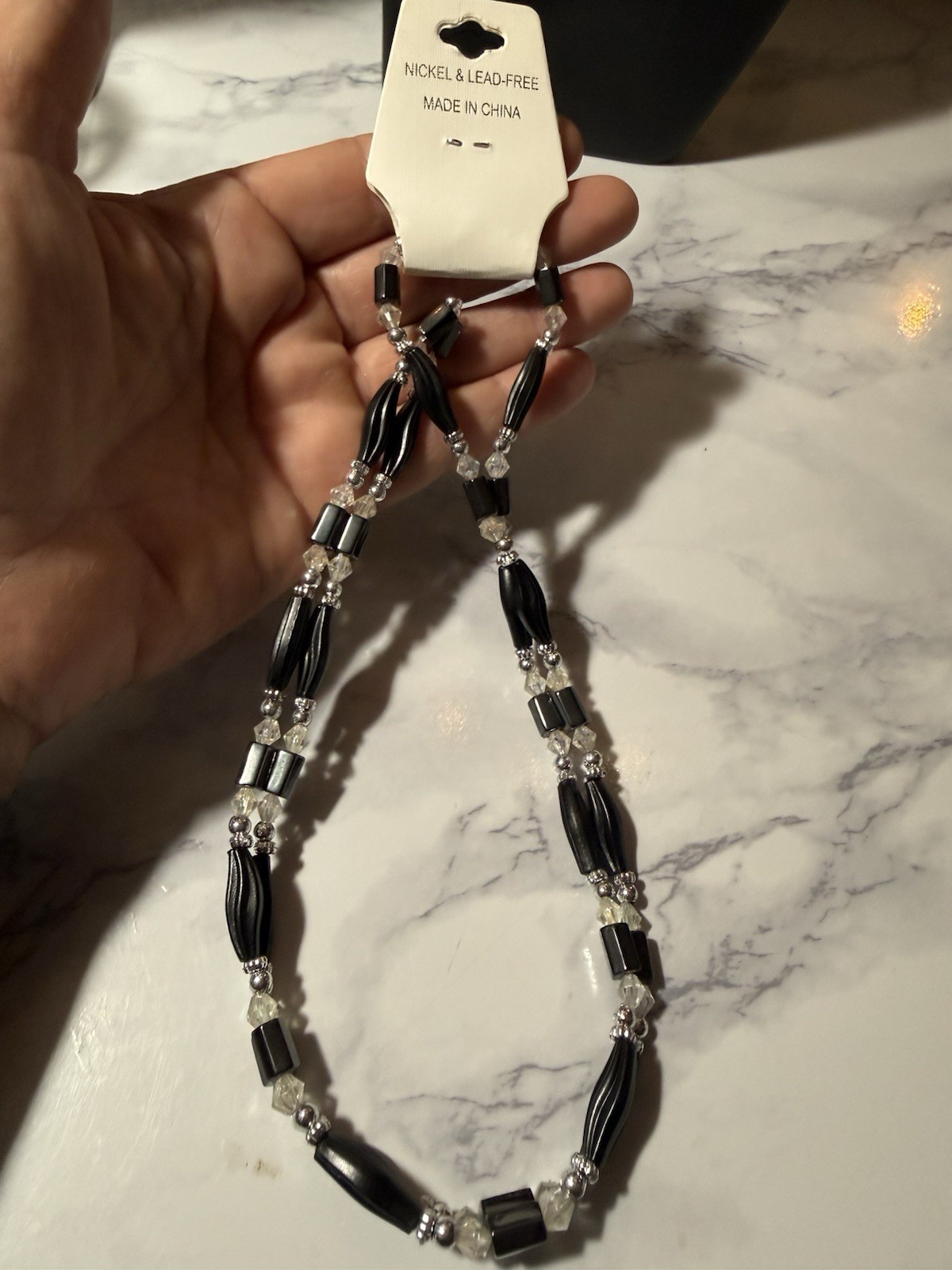 Magnetic Hematite Beaded Necklace Bracelet Black Crystal 31” No Clasp Lot#1767
