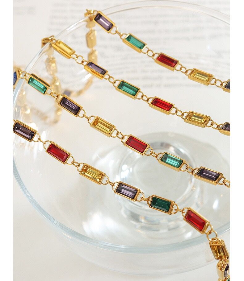 Woman 18K Gold Plated Multicolor CZ Square Charm Necklace Chain/Bracelet