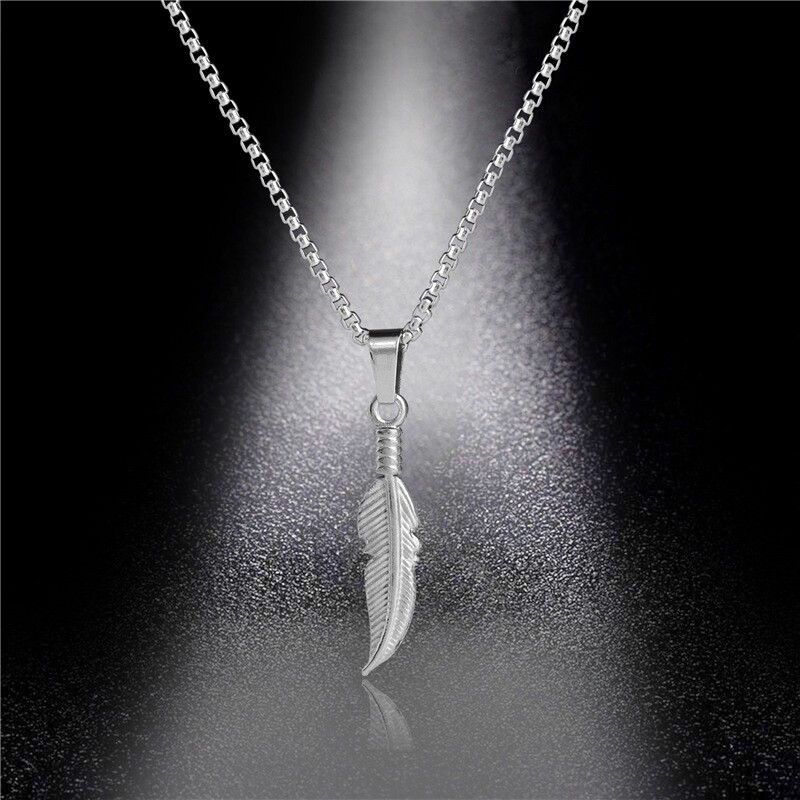Men’s Fashion Jewelry Silver Minimalist Feather Pendant Necklace 1-300