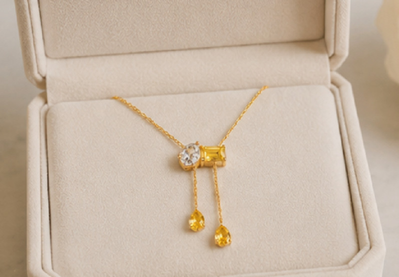 4ct Pear Cut Simulated Yellow Citrine/Diamond Art Necklace 14k Rose Gold Plated