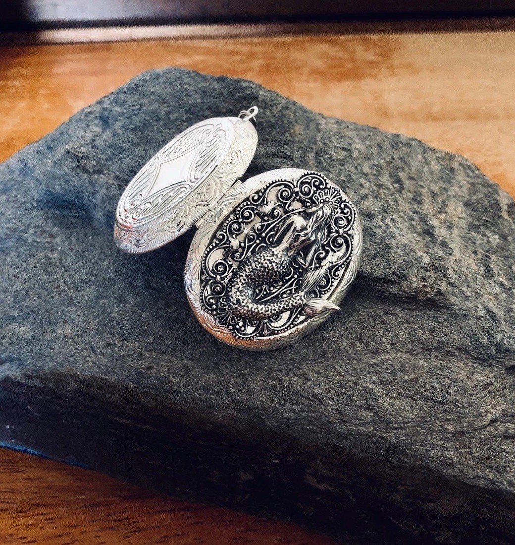 Mermaid Locket Necklace, Nautical Pirate Jewelry Silver Photo Pill Stash Box