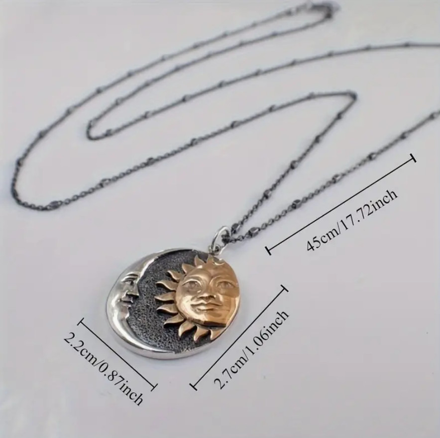 Celestial Vintage Sun & Moon Pendant Necklace Ball Beac Chain