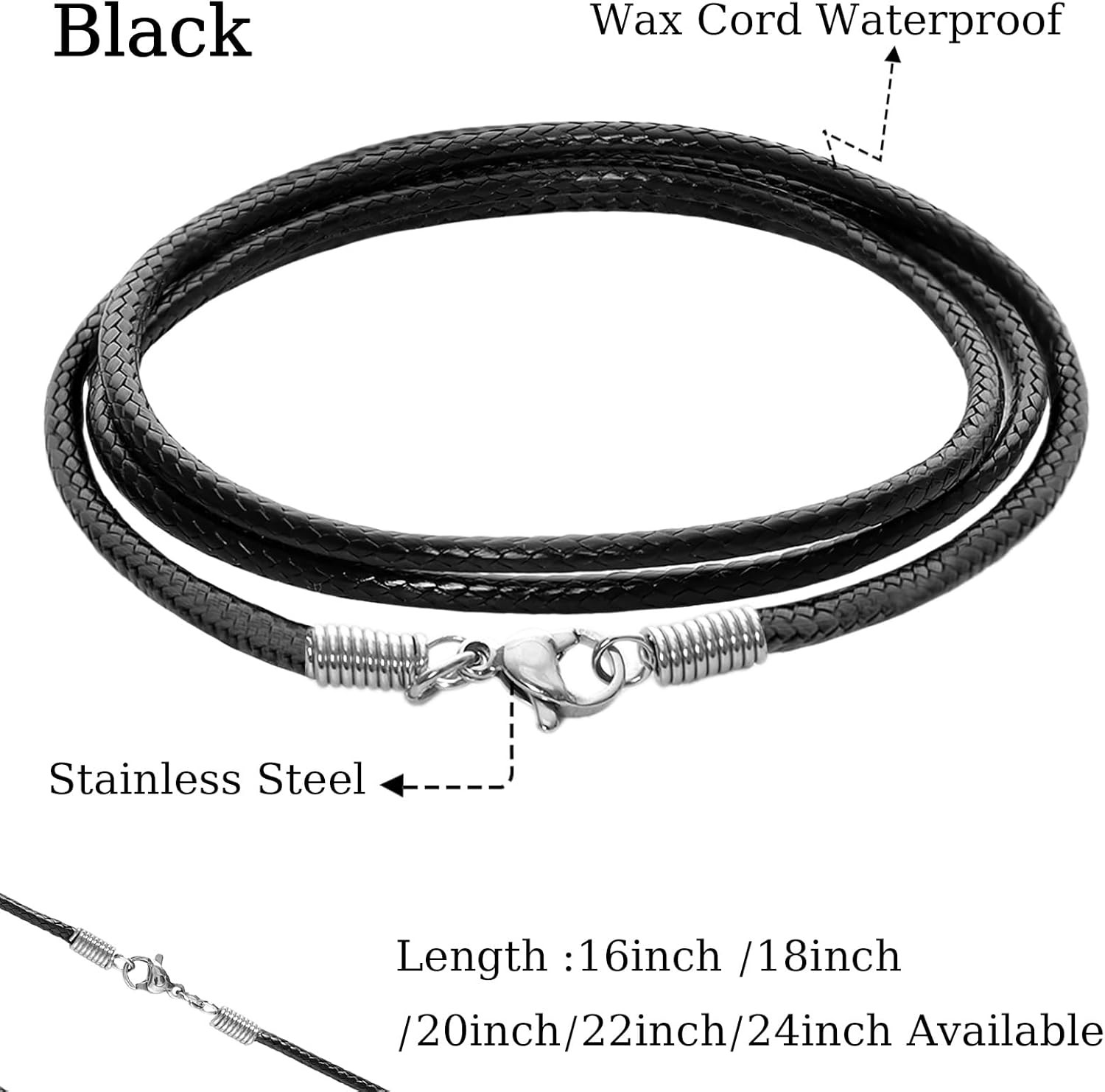 Leather Necklace Cord with Clasp Braided Wax Rope Chain for Men 24 inch Black