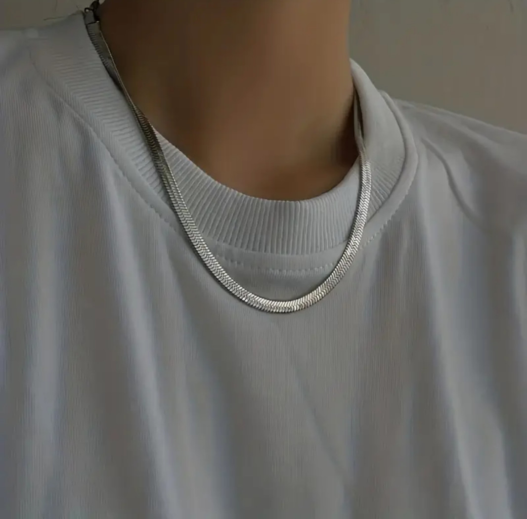 Herring Bone 4mm Flat Chain Necklace Silver 19″