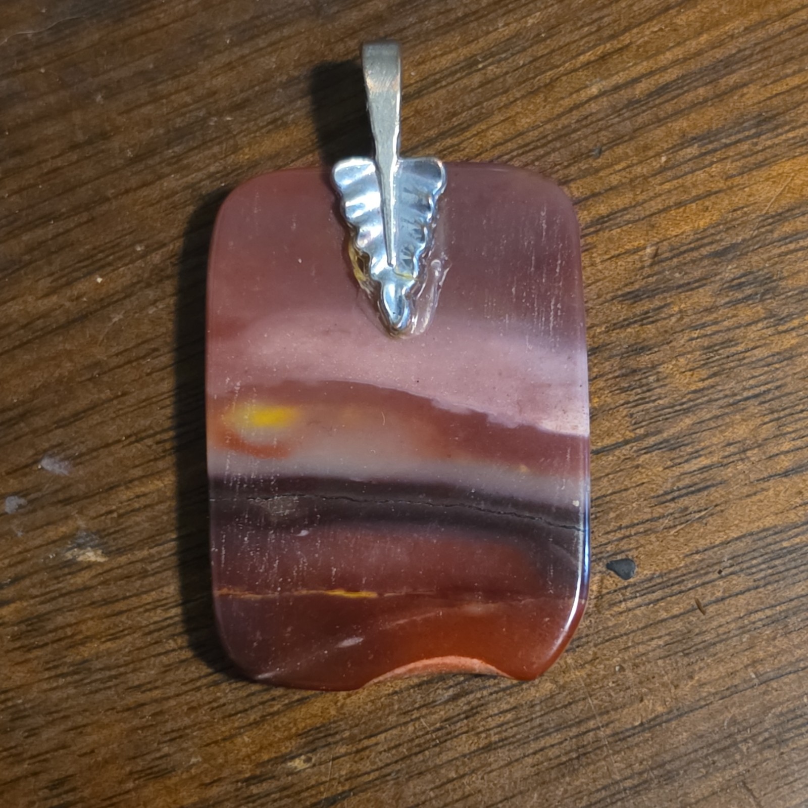 Banded Rectangle Stone Charm Pendant, Brown/Red/Purple, Metal Bail Bezel