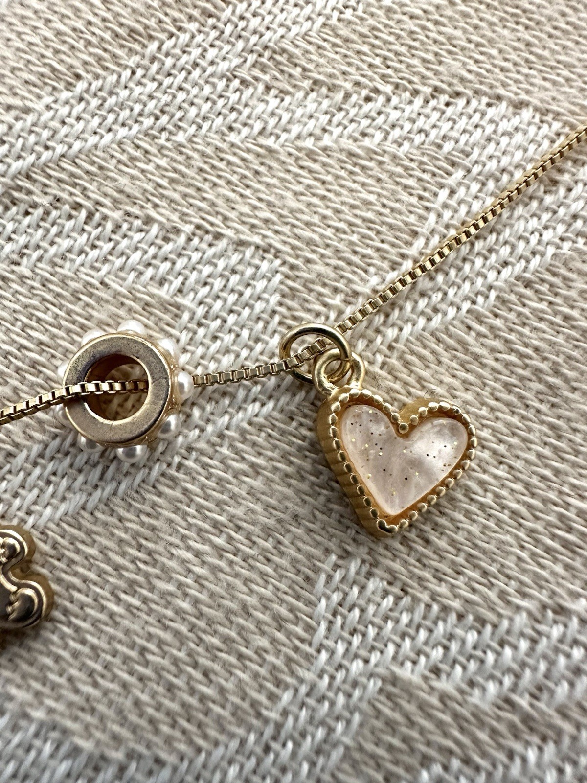 Aerie Gold Tone Charm Necklace Heart Teddy Bear LOVE Faux Pearl Adjustable 18-21