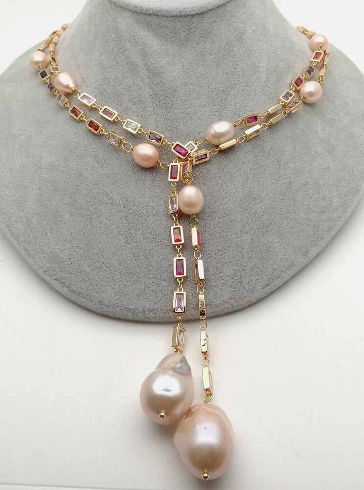 Cultured Pink Keshi Pearl Mixed Color Rectangle Cz Pave Long Chain Necklace 50″