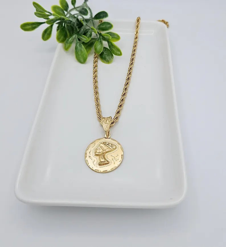 Gold Nefertiti Necklace, Medium 24mm Nefertiti Pendant, 14K Heavy plated Gold