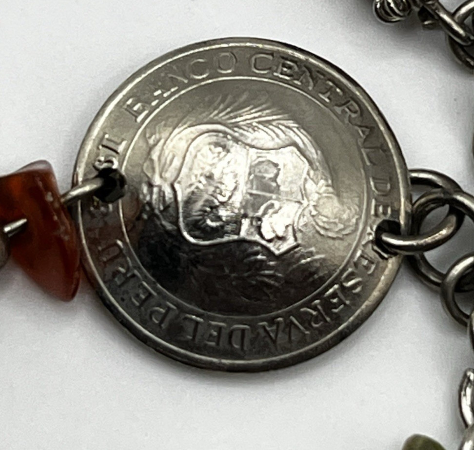 Peruvian Artisan Bird Charm Necklace Mixed Stone Peru Coin Boho Folk Art