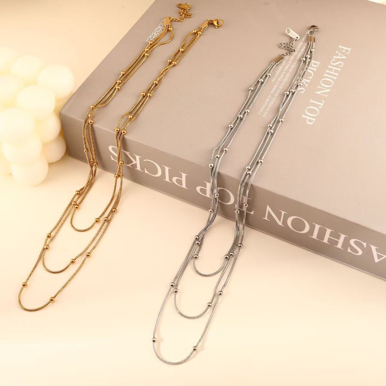 Woman 18K Gold Plated 3 Layers Beaded Snake Chain Necklace Anti-tarnish