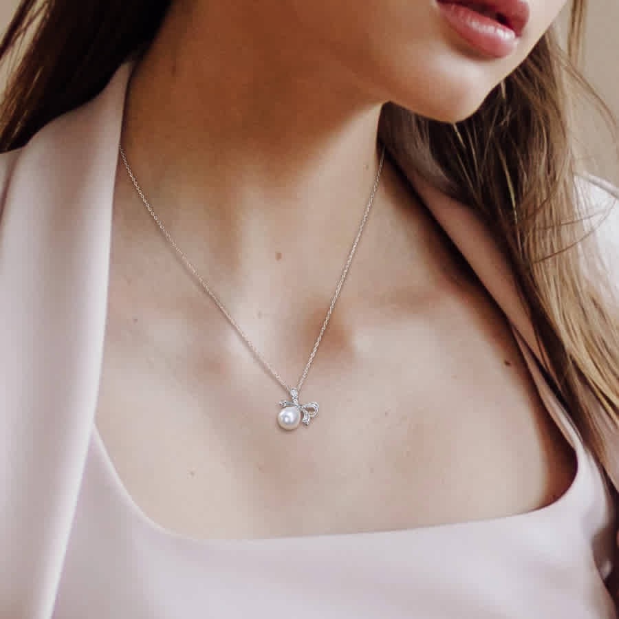 AMOUR 8.5-9mm Freshwater Cultured Pearl and Diamond Accent Bow Pendant with
