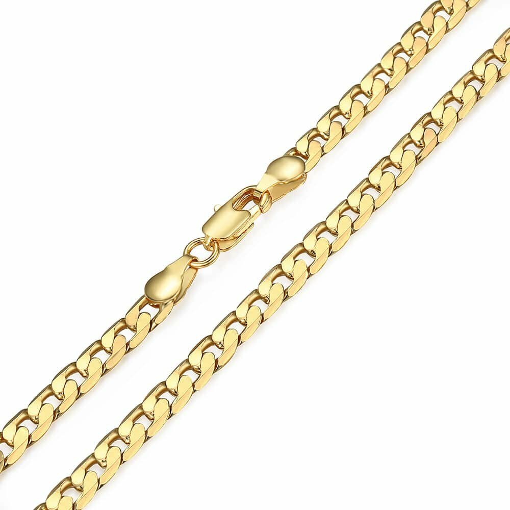 5mm Male/Female Chain Cut Flat Curb Cuban Link Yellow Gold Plated Necklace 18-24