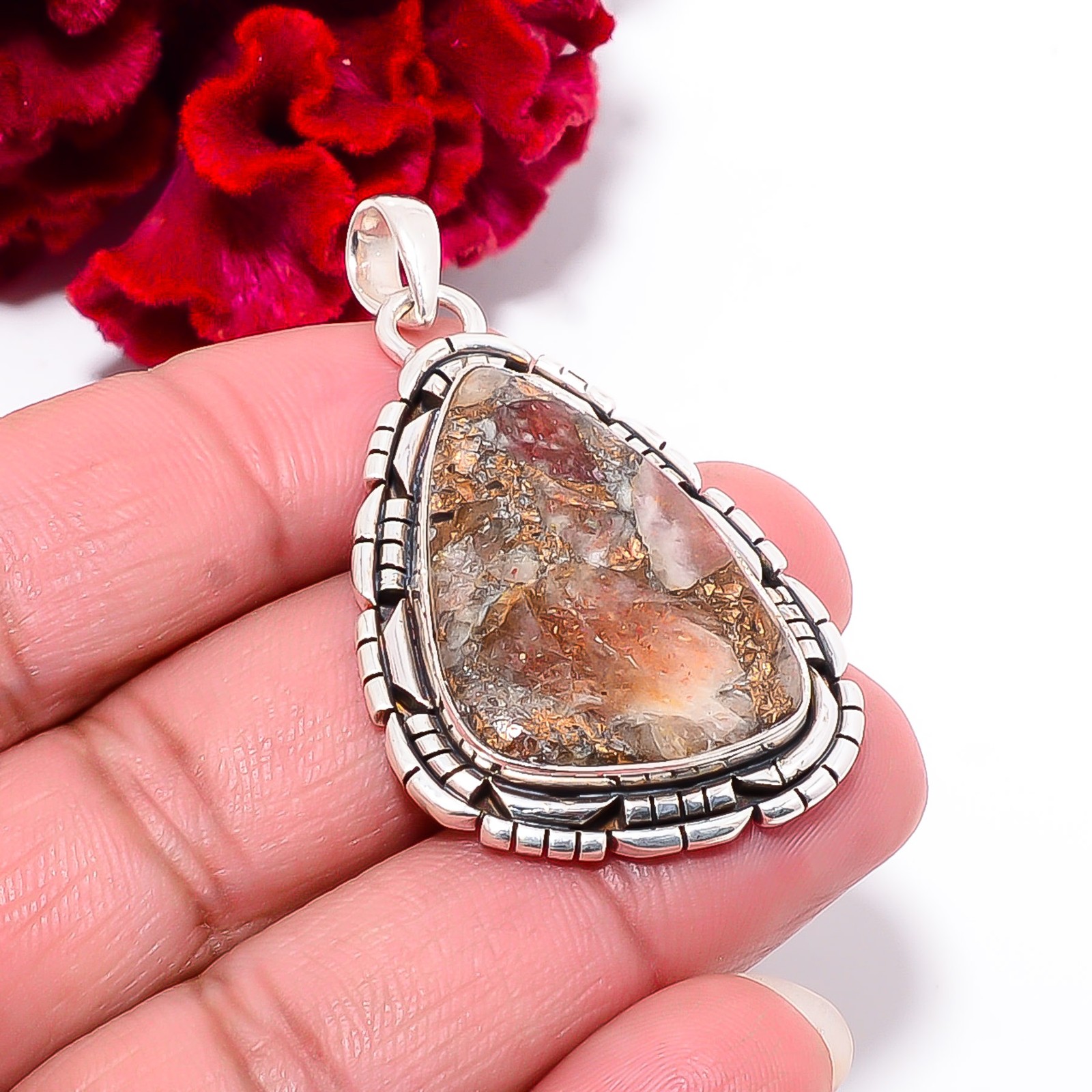 Copper Golden Sunstone – Madagascar 925 Sterling Silver Pendant 1.95″ P102172