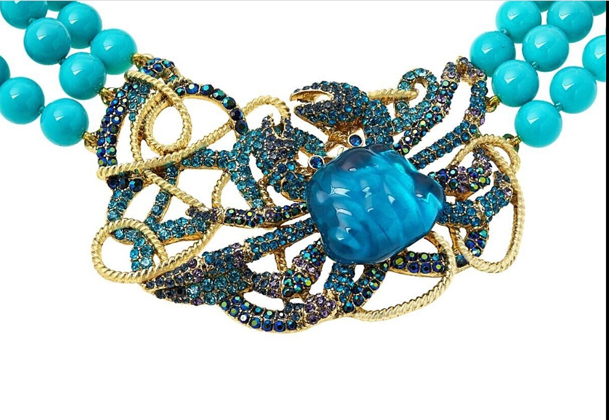 H.D CRABBY Crystal Triple Strand Beaded Necklace Blue CRAB Coastal