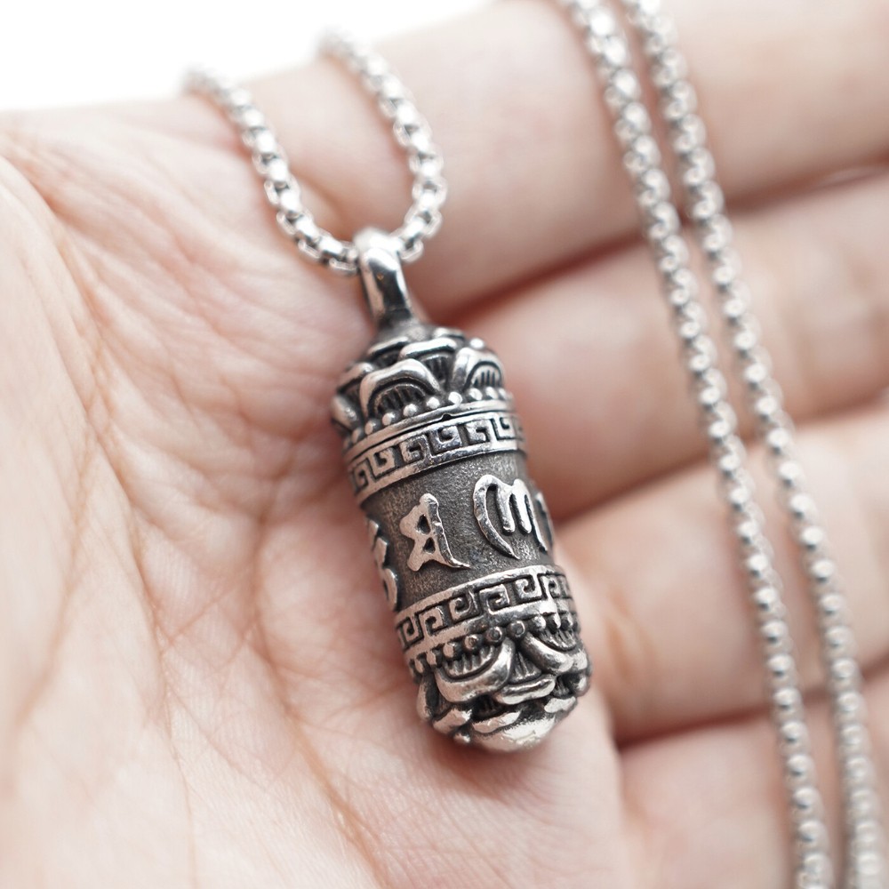 For Tibetan Mantra Buddhist Urn Amulet Pendant Necklace Ashes Stainless Steel