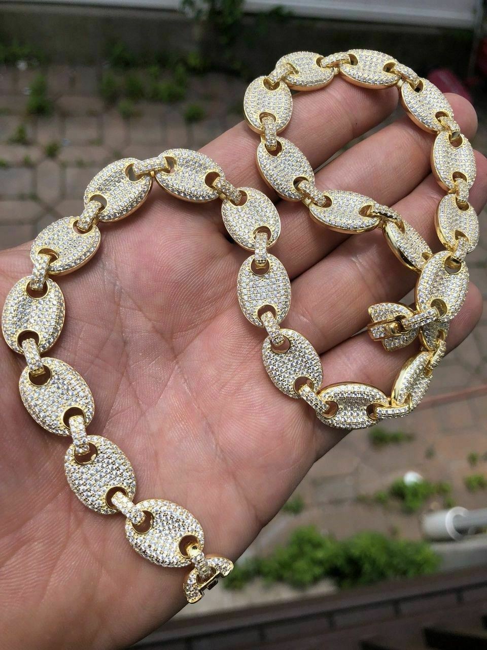 14k Gold Plated Over Solid 925 Sterling Silver Puffed Mariner Choker Chain CZ