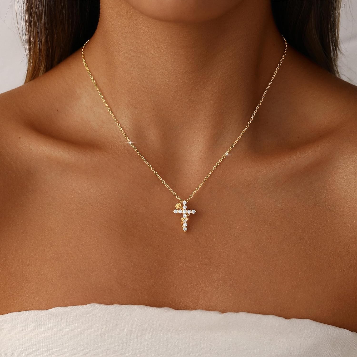 Gold Cross Necklace for Women Dainty 14K Gold Plated Diamond Cross Pendant Neckl