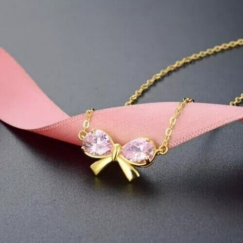 Women’s Bow Pendant 2Ct Pear Cut Simulated Pink Sapphire 14k Yellow Gold Plated
