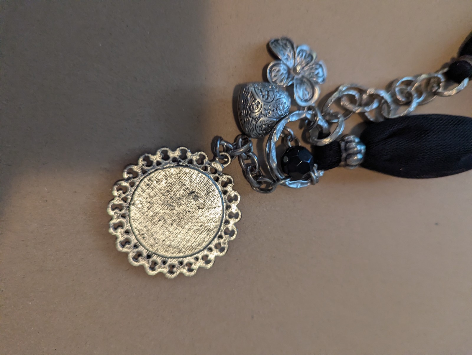 Black Fabric Cord & Silver-Tone Cable Chain Necklace, Round Charm Pendant