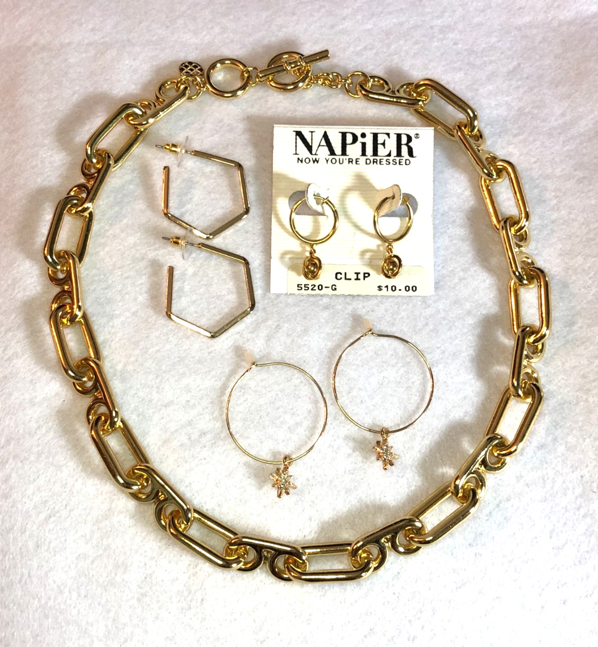Gold Chunky Paperclip Link Toggle Necklace Talbots +3 Hoop Earrings LOT 8627