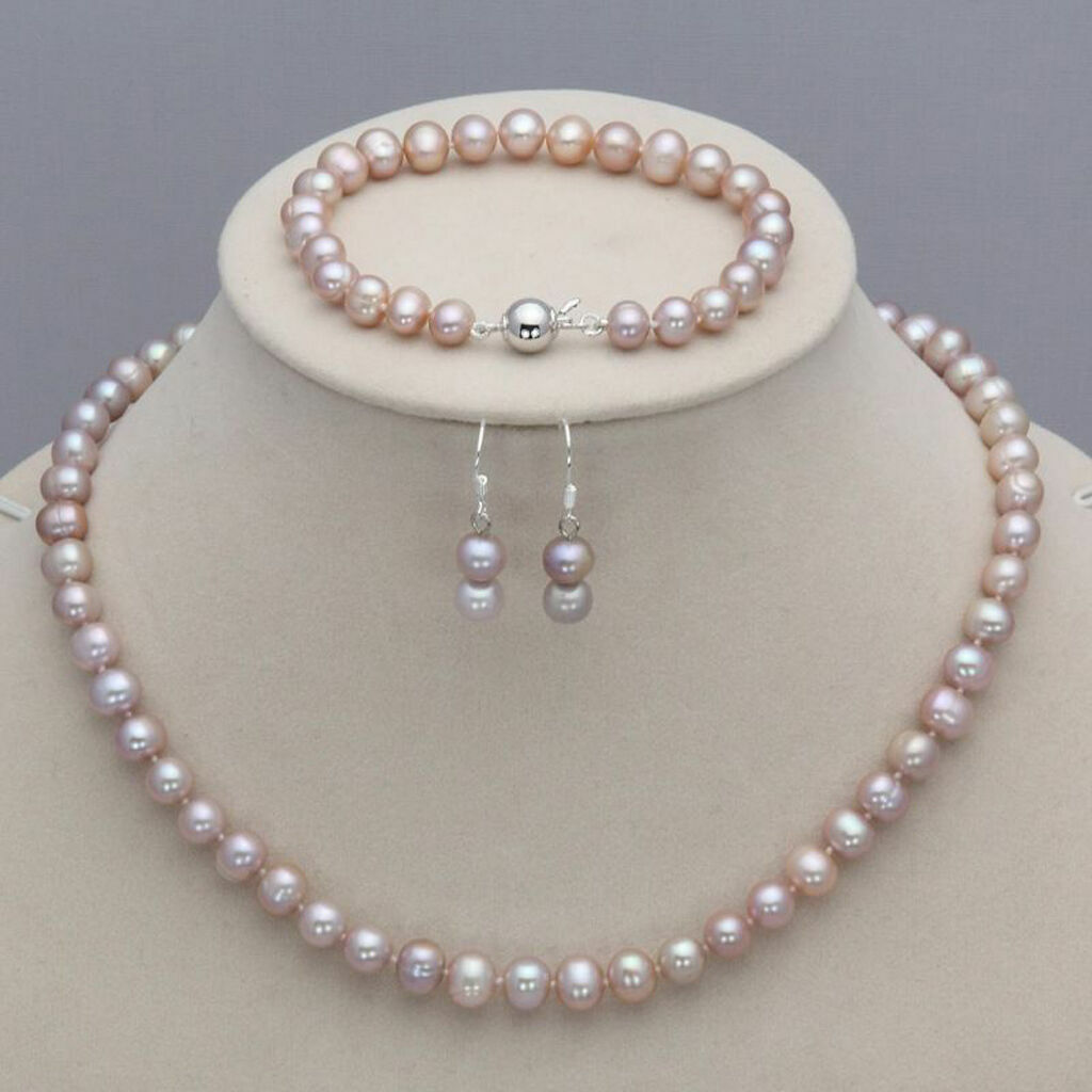 7-8mm Real Natural Freshwater Pearl Necklace Bracelet Earrings Jewelry Set