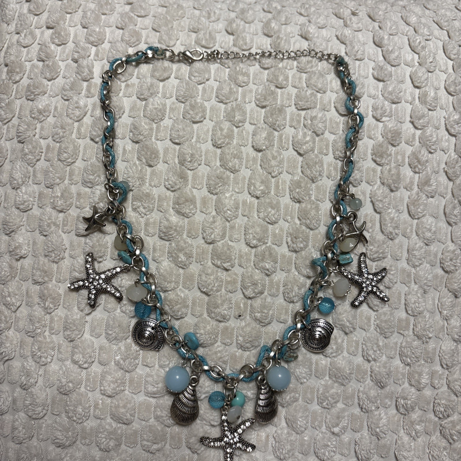 Seashore Necklace In Silver Tone- 20” sparkling starfish, blue beads seashells ￼