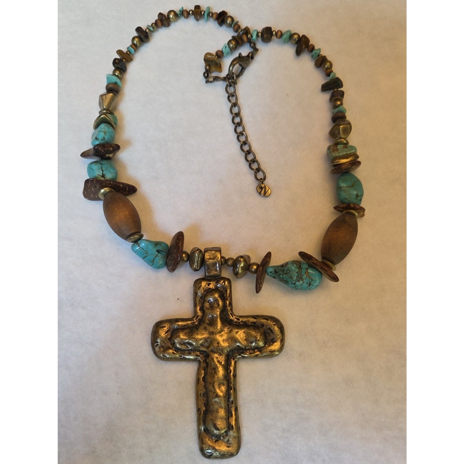 Boho Turquoise & Brass Cross Pendant Necklace