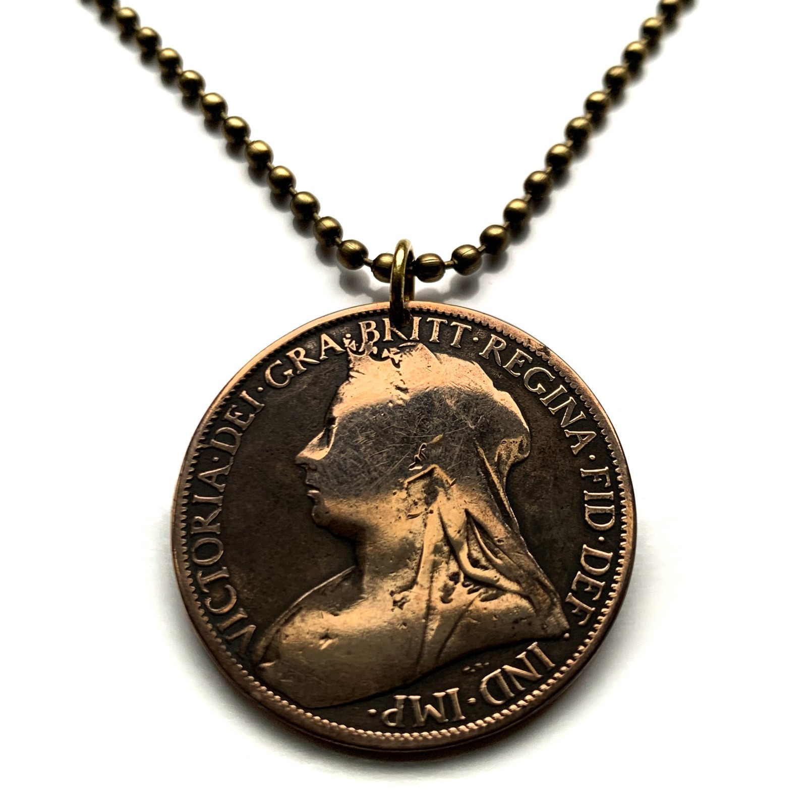 1897 United Kingdom 1 Penny coin pendant Queen Victoria London Manchester 001616