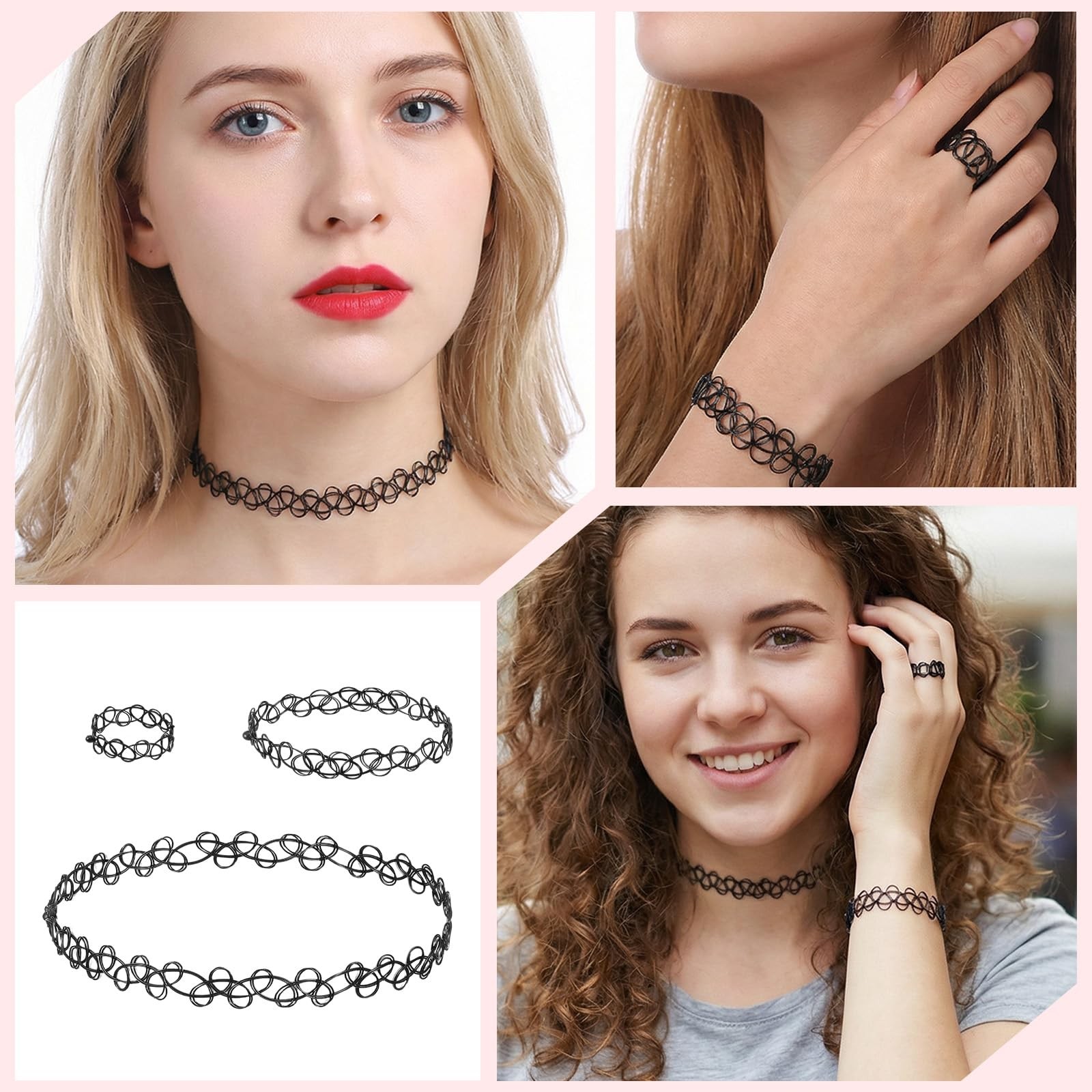 Gsbnjuy 18 Pcs 90s Tattoo Choker Necklace, Bracelet & Ring one size, Black