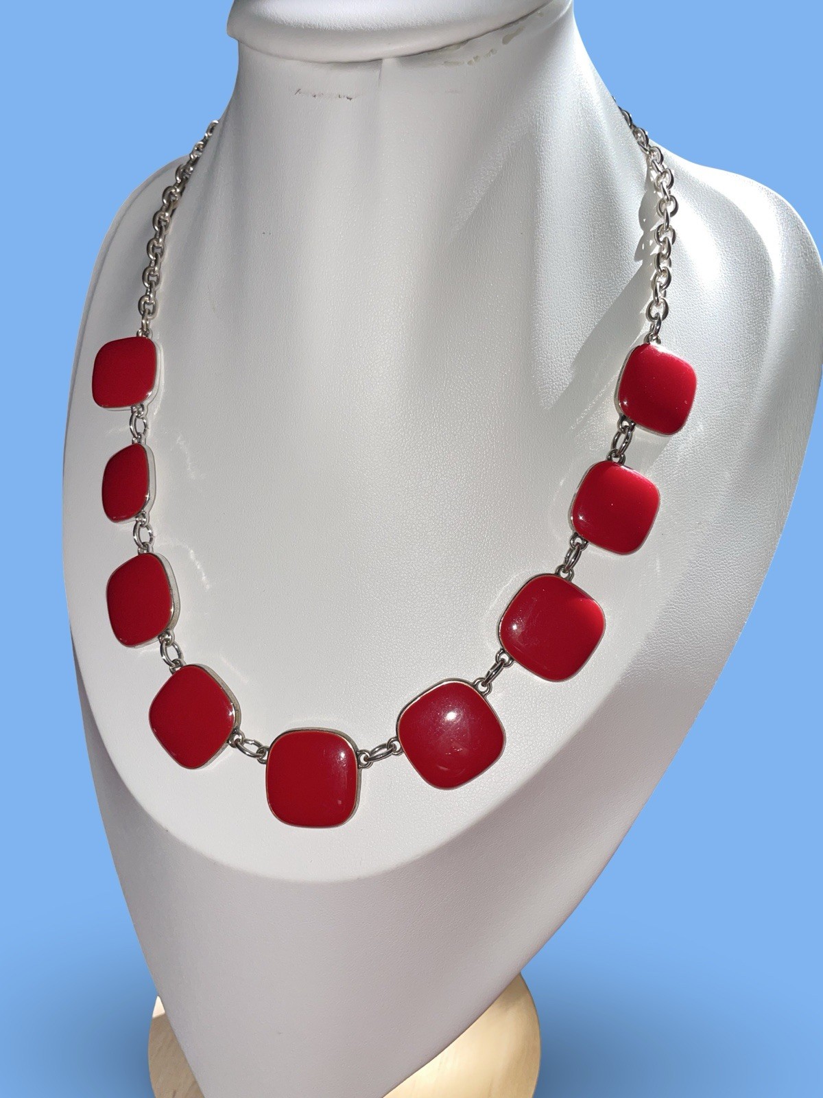 A 1990s Silver-tone Necklace with Square Red Enamel Elements. Adjustable