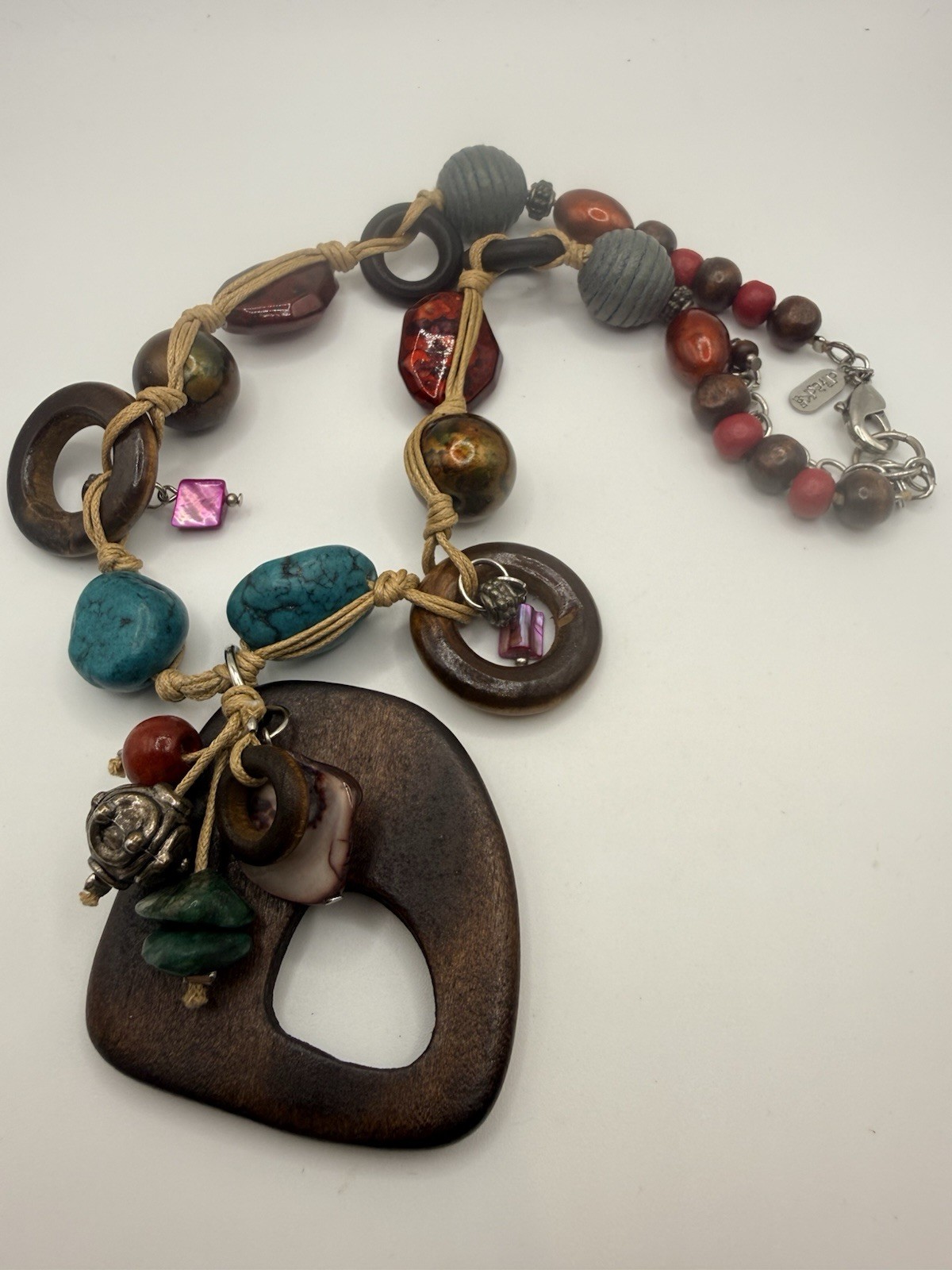 Treska Necklace Boho Statement Mixed Media Wood Faux Turquoise Bead Artsy 17-20”