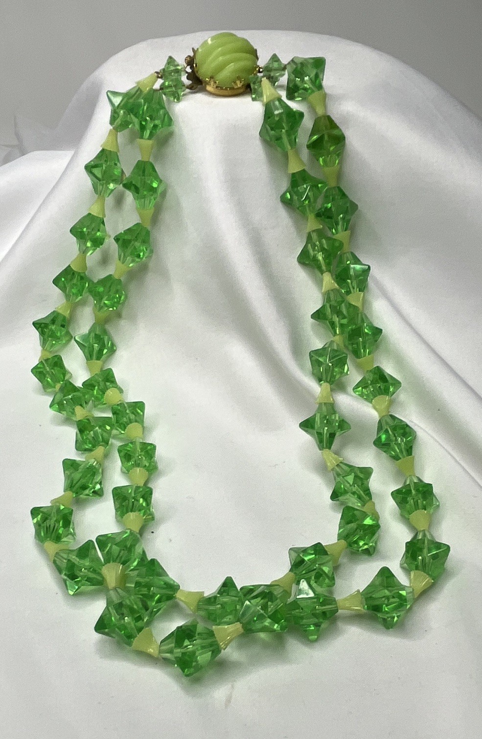 West Germany Green Plastic Beaded Necklace~Signed~ 10 inches Two-Strand