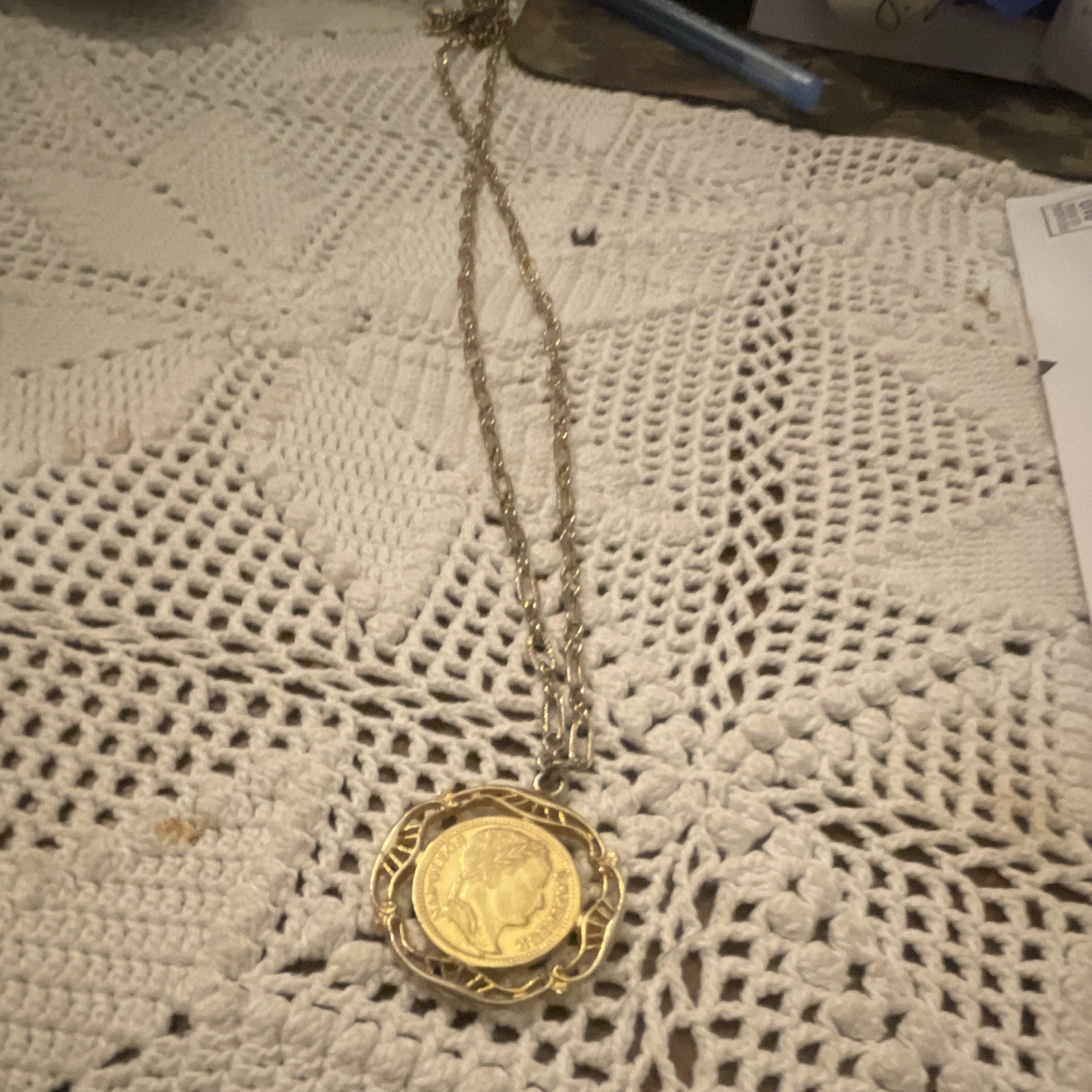Gold Tone Metal Round Coin Pendant Chain Necklace, Coins & Money Theme Power