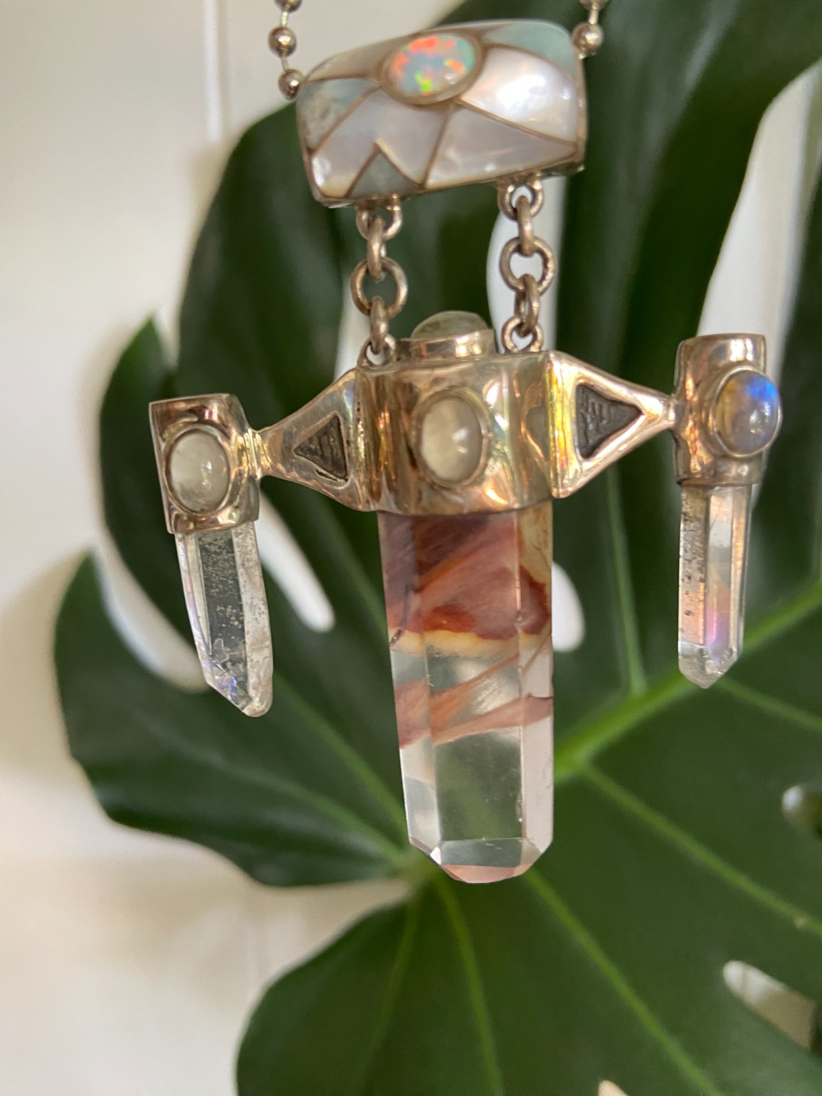 Phantom Quartz Pendant with Quartz Points and Inlaid Opal Bail