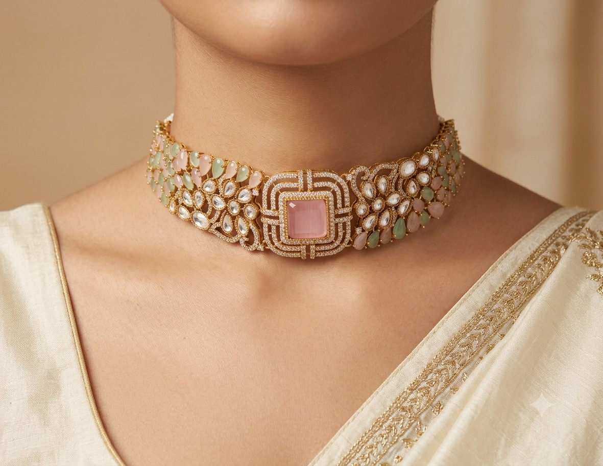 Khadija Indian Wedding Blush Pink and Mint Green Choker Set Roz Jewellers.