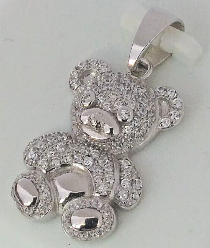 925 Sterling Silver Pendant Iced Teddy Bear cubic zirconia CZ’s MEDIUM 26X12MM