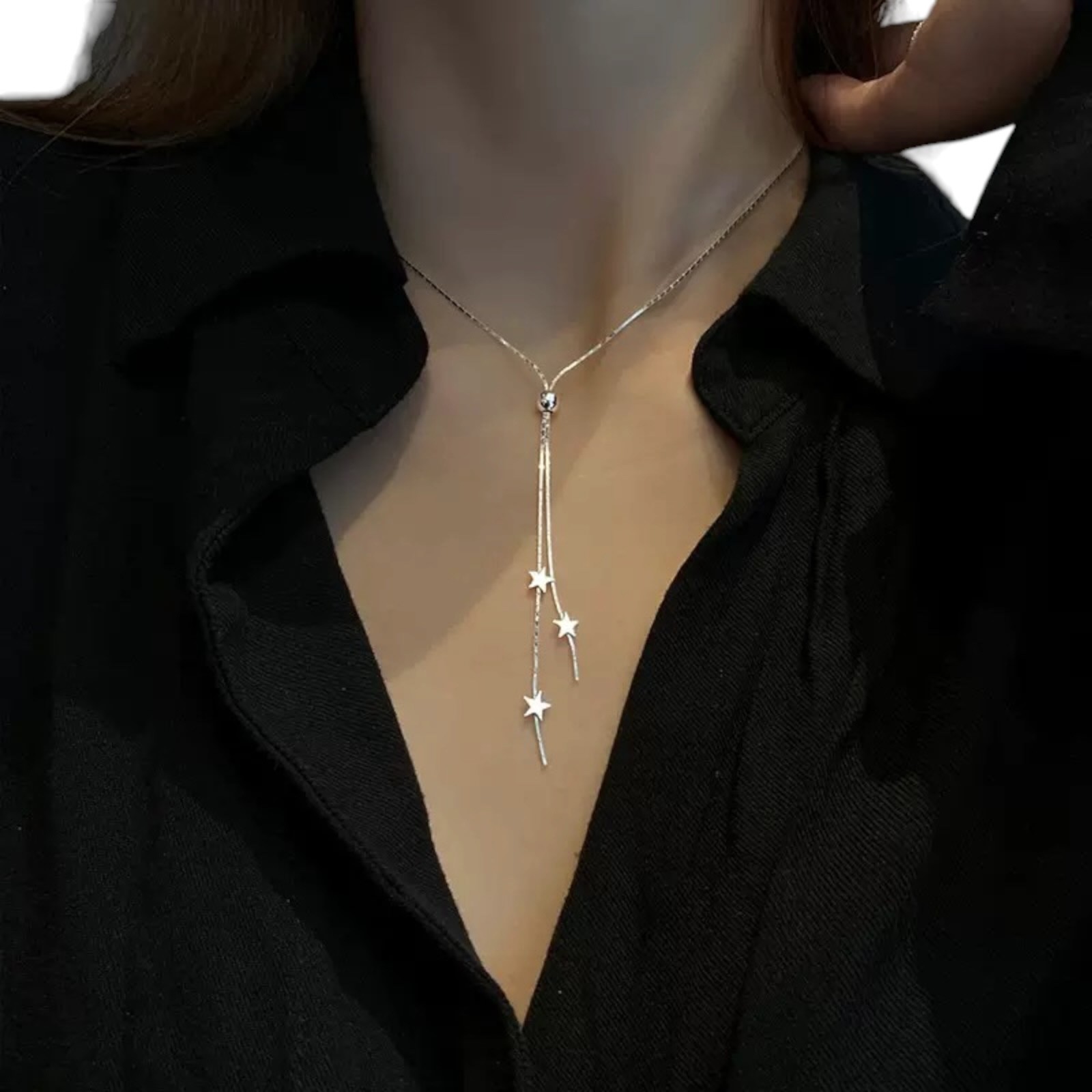 925 Sterling Silver Plated Star Slide Lariat Pendant Necklace Women B26