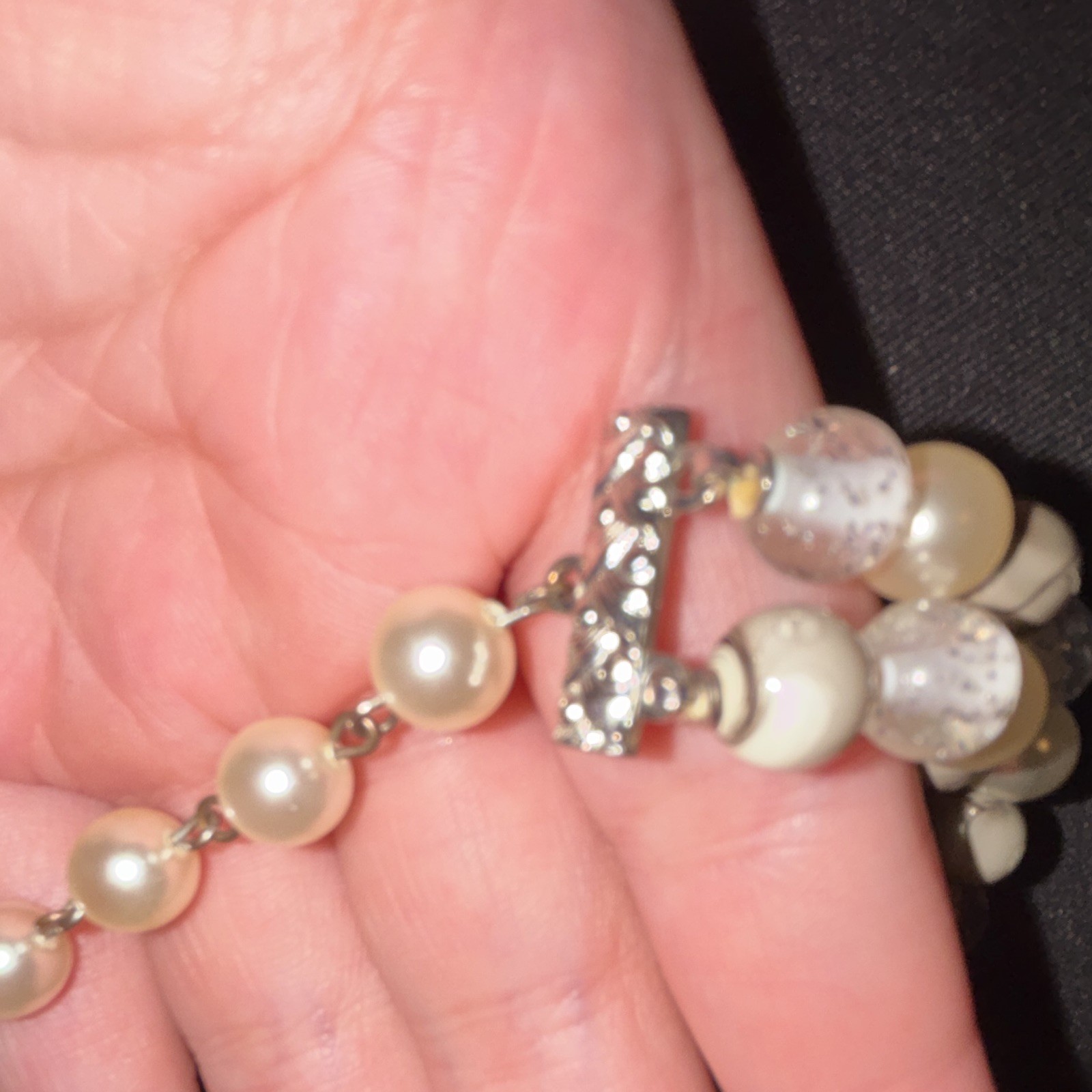 Cream Genuine Pearl & Clear Glass Beaded Necklace Silver-Tone Toggle Cable Chain