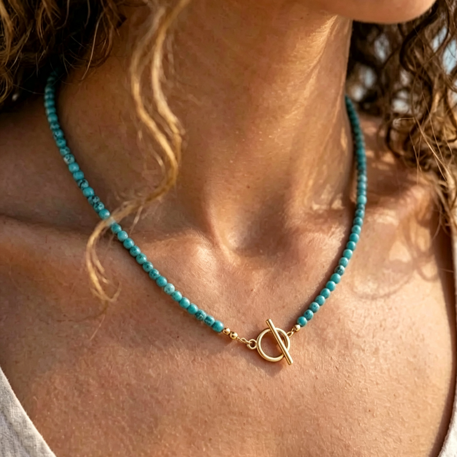 Natural Turquoise 4mm round beaded Necklace Toggle Clasp Boho Choker for women