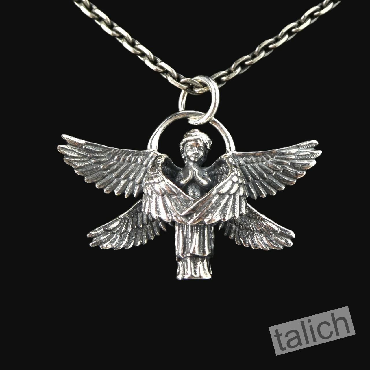 925 Sterling Silver Six Winged Praying Guardian Angel Pendant Protection Amulet